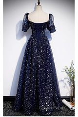 Navy Blue Simple Tulle Short Sleeves Evening Prom Dresses, Navy Blue Long Evening Dresses