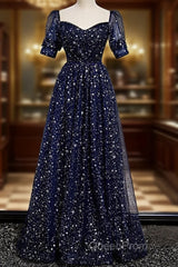 Navy Blue Simple Tulle Short Sleeves Evening Prom Dresses, Navy Blue Long Evening Dresses