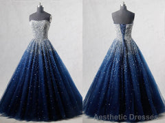Navy Blue Strapless Floor Length Prom Ball Gown with Beading Sequins, Prom Dresses,Formal Dresses