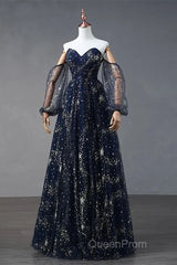 Navy Blue Tulle A-Line Long Party Dresses Evening Dresses, Navy Blue Long Evening Prom Dresses