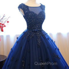 Navy Blue Tulle Cap Sleeves Quinceanera Dresses, Blue Beaded Ball Gown Party Dresses