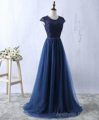 Navy Blue Tulle Long Bridesmaid Dresses, Navy Blue Bridesmaid Dresses