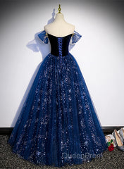 Navy Blue Tulle Off Shoulder Beaded Long Party Dresses, Navy Blue Tulle Evening Prom Dresses