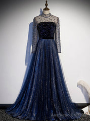 Navy Blue Tulle Sequins High Neck Long SLeeve Beading Prom Dress