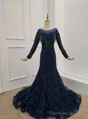 Navy Blue Tulle Sequins Long Sleeve Beading Prom Dress
