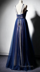 Navy Blue Tulle V Neck Long Women Evening Prom Dresses, Lace Up Evening Dresses