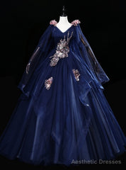 Navy Blue Tulle V-neck Sequins Embroidery Quinceanera Dress
