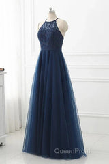 Navy Blue Tulle With Lace Applique Long Party Dresses Evening Prom Dresses Sleeveless Elegant