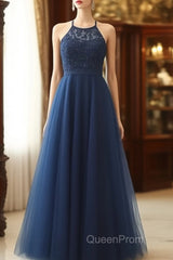 Navy Blue Tulle With Lace Applique Long Party Dresses Evening Prom Dresses Sleeveless Elegant