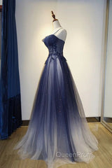Navy Gradient A Line Tulle Long Formal Evening Prom Dresses