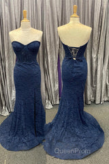 Mint Green Lace Strapless Mermaid Long Evening Prom Dresses with Slit