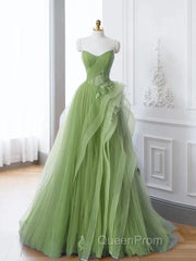 New Arrival A-Line Tulle Lace Green Long Evening Prom Dresses, Green Lace Long Formal Dresses