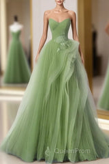 New Arrival A-Line Tulle Lace Green Long Evening Prom Dresses, Green Lace Long Formal Dresses