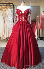 New Arrival Red Prom Dresses Off-the-Shoulder Lace Appliques Long Sleevess Puffy Evening Gowns