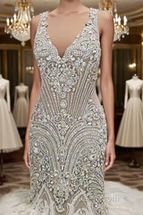 New Arrival V Neck Cap Sleeve Beads Crystals Mermaid Wedding Dresses Lace Applique