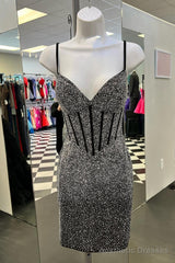 Black Sheath Straps V Neck Beaded Homecoming Dress