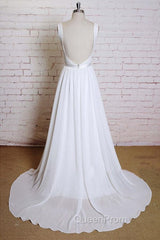 Noble A-Line Shoulder Strap With Chiffon Patch Flower Dew Back And Ground Length Wedding Dresses