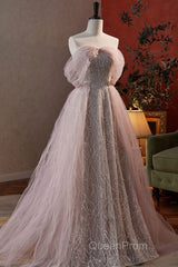 Noble And Charming Dark Pink Beaded Sequins Off The Shoulder Short Sleeved Ball Dresses, Dark Pink A-Shaped Princess Backless Strap And Ground Length Evening Dresses