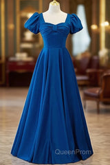 Noble And Elegant Blue Satin Retro Square Neck Short Sleeved Ball Dresses With Blue Backless Strap And Floor Length Evening Dresses