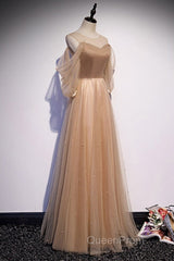 Noble And Elegant Champagne Beaded Long Sleeved Off Shoulder Ball Dresses Champagne A-Line Princess Off Shoulder Strap And Floor Length Evening Prom Dresses