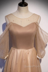 Noble And Elegant Champagne Beaded Long Sleeved Off Shoulder Ball Dresses Champagne A-Line Princess Off Shoulder Strap And Floor Length Evening Prom Dresses