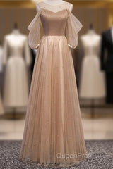 Noble And Elegant Champagne Beaded Long Sleeved Off Shoulder Ball Dresses Champagne A-Line Princess Off Shoulder Strap And Floor Length Evening Prom Dresses