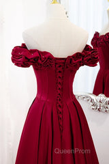 Noble And Elegant Wine Red Sleeveless Off Shoulder Beaded Ball Dresses With Wine Red A-Shaped Backless Strap And Ground Length Ruffled Hem Evening Prom Dresses