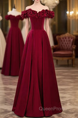 Noble And Elegant Wine Red Sleeveless Off Shoulder Beaded Ball Dresses With Wine Red A-Shaped Backless Strap And Ground Length Ruffled Hem Evening Prom Dresses