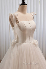 Noble And Unique White Pearl Sleeveless Off Shoulder Bow Ball Dresses With White Thin Shoulder Strap Off Back Tie And Floor Length Tail Evening Dresses