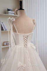 Noble And Unique White Pearl Sleeveless Off Shoulder Bow Ball Dresses With White Thin Shoulder Strap Off Back Tie And Floor Length Tail Evening Dresses