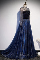 Noble Navy Blue Perspective High Neck Long Sleeved Water Diamond Sequin Ball Dresses Navy Blue A-Line Princess Sparkling Backless Tulle Sweeping Tail Ruffle Edge Evening Dresses