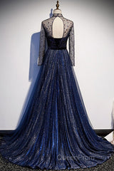 Noble Navy Blue Perspective High Neck Long Sleeved Water Diamond Sequin Ball Dresses Navy Blue A-Line Princess Sparkling Backless Tulle Sweeping Tail Ruffle Edge Evening Dresses