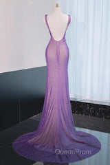 Noble Purple Mermaid Gown - Glitter Rhinestone Tulle Evening Prom Dresses For Special Ocassions