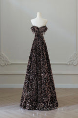 Off Shoulder A-Line Coffee Gold Sequin Long Evening Prom Dresses, Coffee Gold Evening Dresses