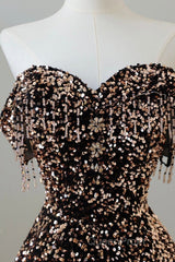 Off Shoulder A-Line Coffee Gold Sequin Long Evening Prom Dresses, Coffee Gold Evening Dresses