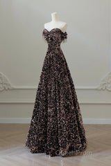 Off Shoulder A-Line Coffee Gold Sequin Long Evening Prom Dresses, Coffee Gold Evening Dresses