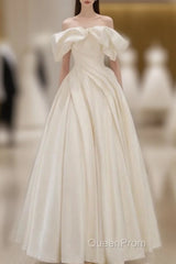 Off Shoulder A-Line Satin Beige Long Evening Prom Dresses, Beige Long Formal Dresses