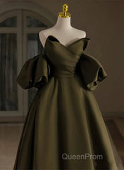 Off Shoulder A-Line Satin Green Long Party Dresses, Green Evening Dresses Evening Prom Dresses