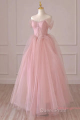 Off Shoulder Beading Pink Tulle Princess Evening Prom Dresses