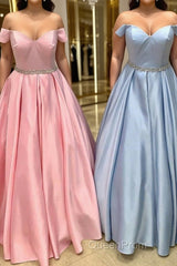 Off Shoulder Blue Long Evening Prom Dresses with Belt, Pink Formal Dresses, Blue Evening Dresses