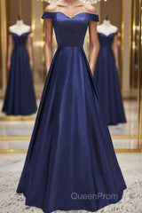Off Shoulder Blue Satin Long Evening Prom Dresses, Off Shoulder Blue Formal Dresses, Blue Evening Dresses