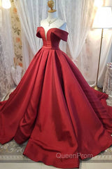 Off Shoulder Burgundy Satin Long Evening Prom Dresses, V Neck Burgundy Formal Evening Dresses, Burgundy Ball Gown