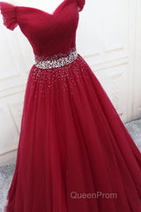 Off Shoulder Burgundy Tulle Long Evening Prom Dresses with Sequins, Burgundy Tulle Formal Evening Dresses