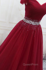 Off Shoulder Burgundy Tulle Long Evening Prom Dresses with Sequins, Burgundy Tulle Formal Evening Dresses