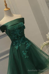 Off Shoulder Dark Green Short Party Dress, Tulle Homecoming Dresses