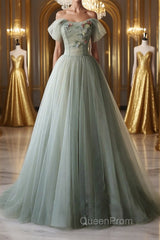 Off Shoulder Green Tulle Floral Long Evening Prom Dresses, Off the Shoulder Green Formal Evening Dresses with 3D Flowers