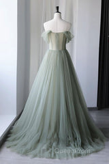 Off Shoulder Green Tulle Floral Long Evening Prom Dresses, Off the Shoulder Green Formal Evening Dresses with 3D Flowers