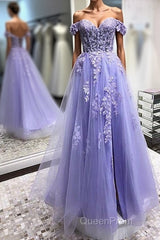 Off Shoulder Lavender Lace Long Evening Prom Dresses, Lilac Lace Formal Dresses, Purple Evening Dresses