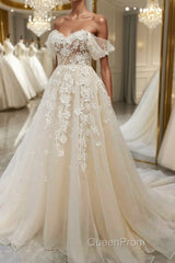 Off Shoulder Light Champagne Tulle Lace Long Evening Prom Dresses, Light Champagne Lace Formal Evening Dresses