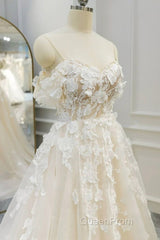 Off Shoulder Light Champagne Tulle Lace Long Evening Prom Dresses, Light Champagne Lace Formal Evening Dresses A1583